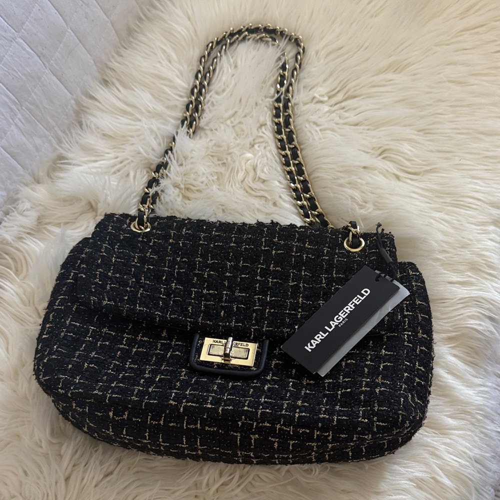 Karl Lagerfeld Black and Gold Tweed Shoulder Bag